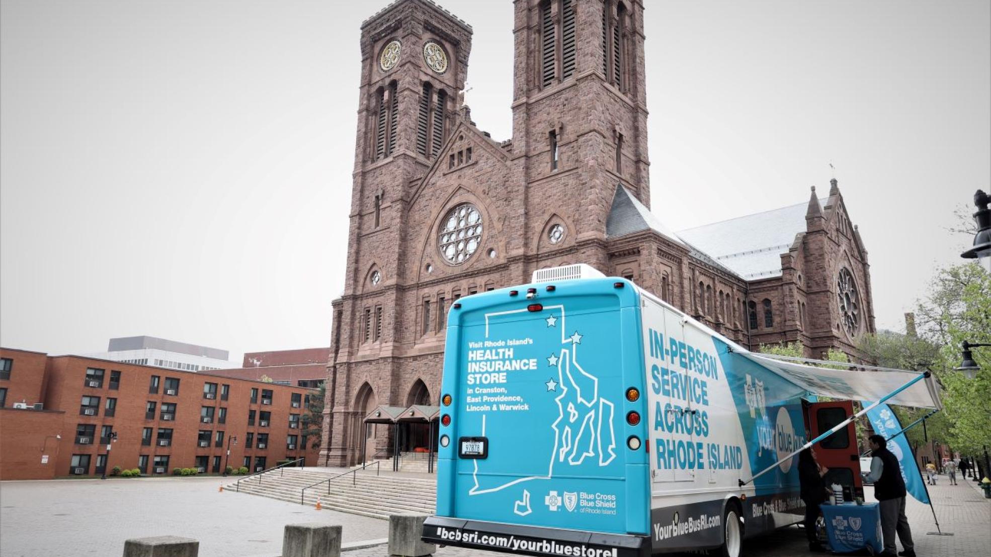 Your Blue Bus in front of cathedral